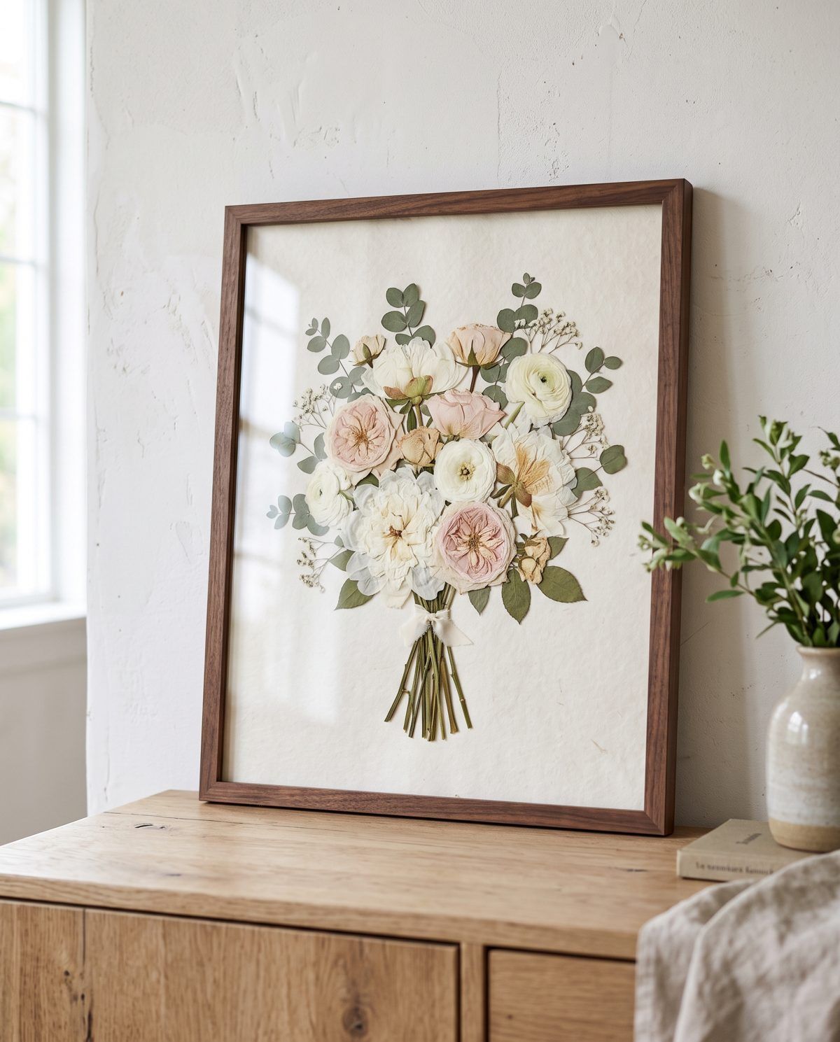 Preview image: a pressed bouquet of peonies, garden roses and eucalyptus in a walnut frame